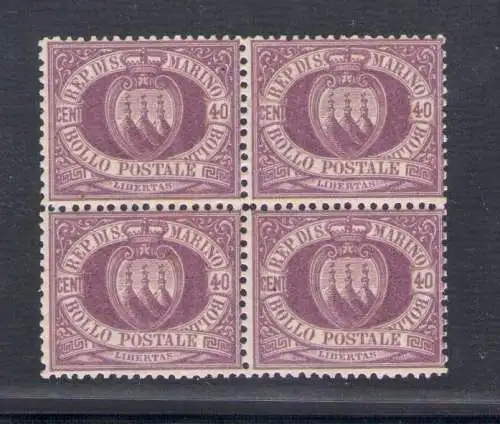 1877 San Marino, Sächsischer Katalog Nr. 7, 40 Dunkelflieder - Viererblock - Dezente Zentrierung - MNH** - Raybaudi Gold Zertifikat - Große Rarität