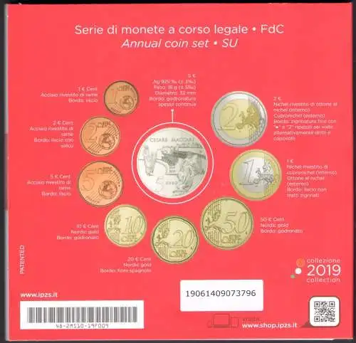 2019 Italien, Italienische Republik, Serie gesetzlicher Münzen, Cesare Maccari, 9 Werte - FDC