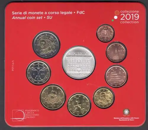 2019 Italien, Italienische Republik, Serie gesetzlicher Münzen, Cesare Maccari, 9 Werte - FDC