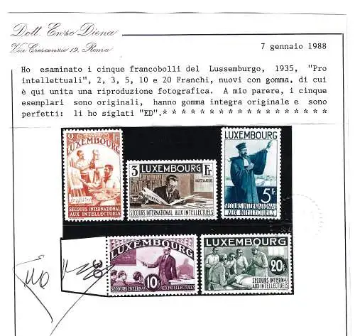 1935 Luxemburg - Pro Intellectuali - Nr. 259/273, Serie mit 15 Werten, postfrisch** - Diena Zertifikat