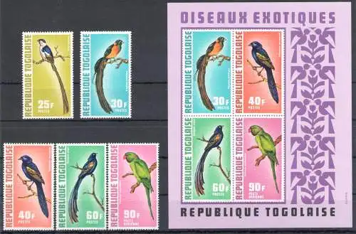 1972 Togo Repubblica - Yvert Nr. 750/54 + Luftpost 184 + Zettel 63 - Vögel - 5 Werte + Zettel - komplette Serie - postfrisch **