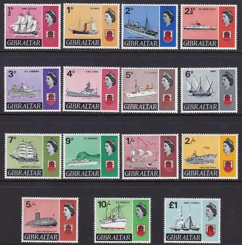 1967-69 GIBRALTAR, SG Nr. 200/213 - Schiffe - 15 Werte postfrisch **