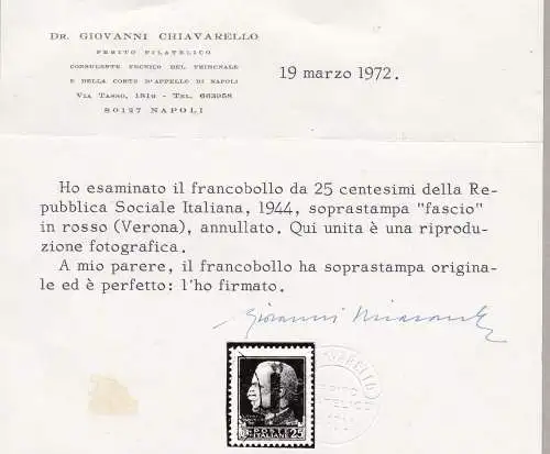 1944 Italienische Sozialrepubblica, Nr. 490 gebraucht - Cert. Schlüssel Signatur Oliva