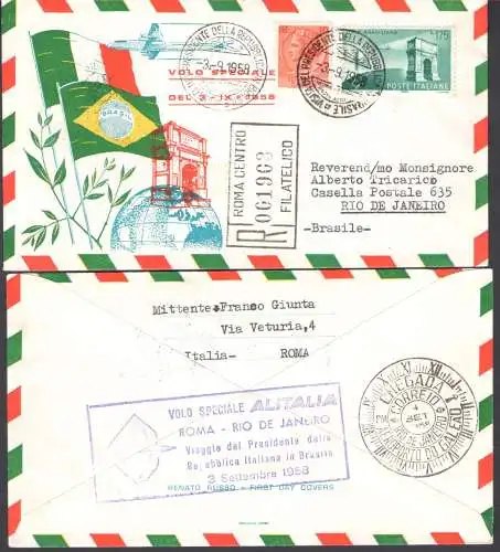 1958 REPUBLIK, Nr. 837 + 10 Lire Syrakus, Italienisch-Brasilianische Freundschaft Sonderflug