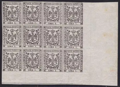 1853 MODENA, Nr. 11 1 weiße Lira Block 10 MNH / ** 2 MLH / * Signatur Bolaffi