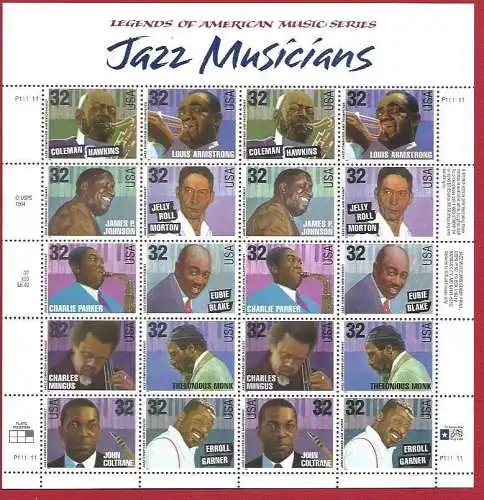 1995 USA, Jazzmusiker Nr. 2741/2750 MINIFOGLIO MNH/**