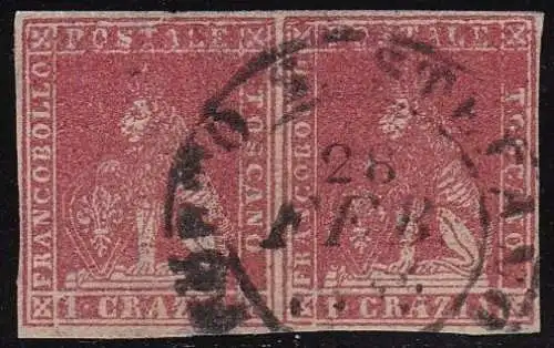 1857 TOSKANA, n. 12a 1 cr. hellkarmin PAAR GEBRAUCHT Abkürzung A.Diena - Kleber