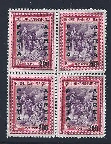 1948 SAN MARINO, Luftpost 76 Alberoniana 200 L überdruckt MNH/** QUARTINA