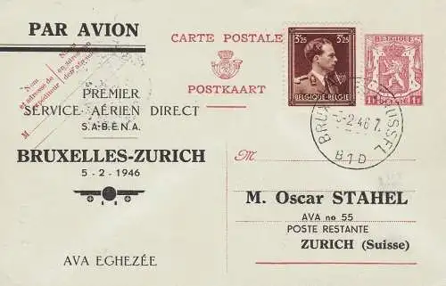 1946 BELGIEN, Postkarte Erstflug Brüssel-Zürich