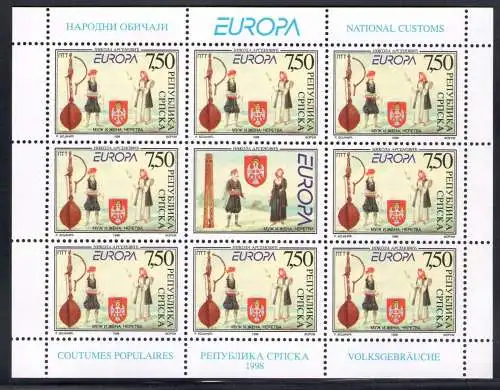 1998 EUROPA CEPT Bosnien Serbien 1 Kleinbogen mit 8 Val MNH **