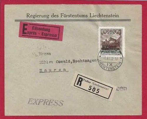 1932 Liechtenstein, Dienst Nr. 8B, 1,20 Franken auf Brief, gebraucht