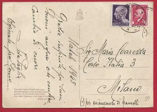 1945 Italien - Postkarte frankiert mit 20 Cent Stempelmarke. rot