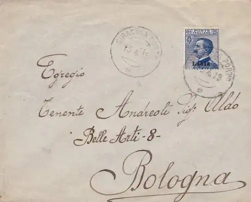 1919 LIBYEN, Nr. 7 25 Cent. hellblau isoliert auf Brief REISE NACH BOLOGNA