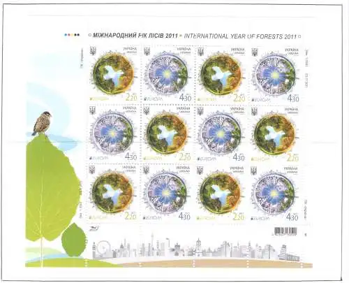 2011 EUROPA CEPT Ukraine 1 Kleinbogen mit 6 Paaren Die Wälder postfrisch **