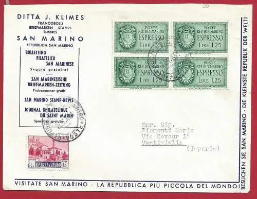 1951 San Marino - Espressi, Brief von 1951 mit Espresso Nr. 9 im Viertel