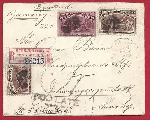 1894 USA, Nr. 104(2)+106 auf Brief nach Sachsen