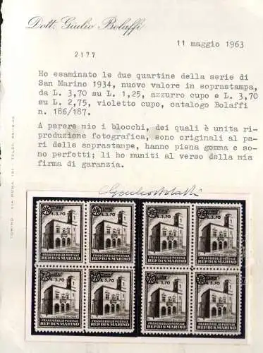 1934 SAN MARINO Palazzetti in Quartina n. 184/85 MNH/** Cert. Giulio Bolaffi