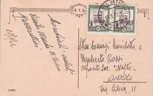 1942 Vatikan, Nr. 21 PAAR auf Postkarte nach Arezzo