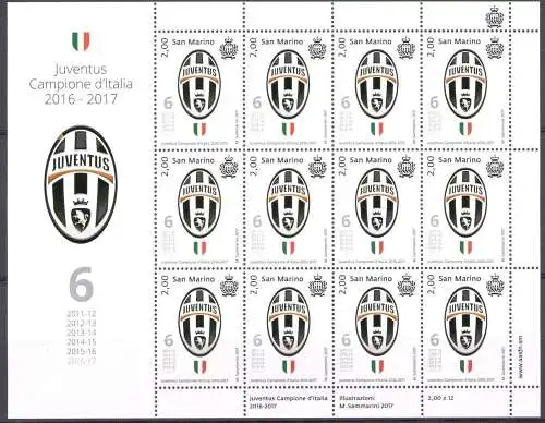 2017 San Marino, Juventus Campione d'Italia 2016-2017 Minifoglio 12v MNH **