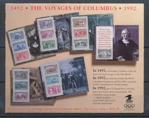 1992 USA - 1492-1992 The Voyages of Columbus - 6 Zettel/Souvenir Sheets - In Commemorative Special Box - MNH**