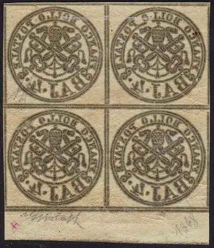 1858 Kirchenstaat, 4 hellgelbe Baj Nr. 5Ab Block Cert. Bolaffi */**