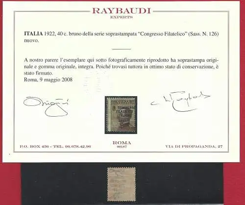 1922 Italien, Nr. 126 - 40 Cent braun postfrisch ** Raybaudi Zertifikat