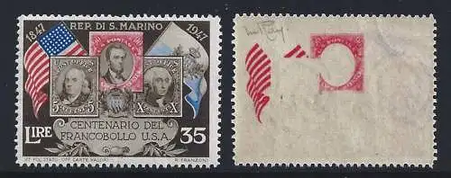 1947 SAN MARINO, Erste Briefmarke USA, Nr. 334fa 35 Lire MNH / ** SELTENE SORTE Signatur Raybaudi