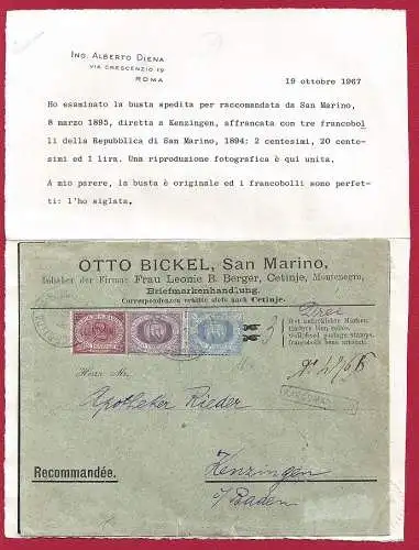 1895 SAN MARINO, Nr. 26-29-31 Blaue Lira auf Brief RAR Zertifikat A.Diena