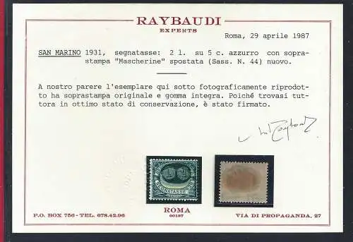 1931 SAN MARINO, Steuer Nr. 44b MNH/** Cert. Raybaudi