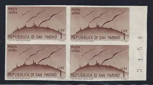 1946 SAN MARINO, Luftpost Nr. 52b 1 Lira hellbraun MNH/** ND QUARTINA