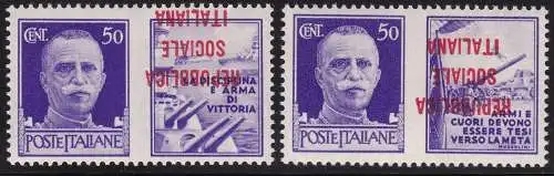 1944 Italienische Sozialrepubblica, PG Nr. 33Aaa/34Aaa 50 Cent. violett MNH/** UMGEDREHTER ÜBERDRUCK AUF VIGNETTE