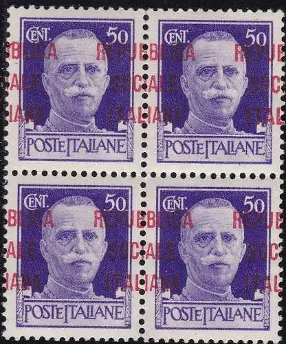 1944 ITALIENISCHE SOZIALE REPUBLIK, Nr. 493pm 50c. violett MNH/** QUARTINA