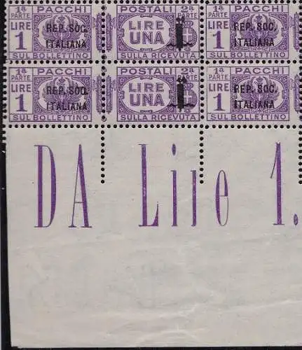 1944 Italienische Sozialrepubblica, Postpaket Nr. 42a+42 42c+42 1 Lira lila MNH/** 4er BLOCK