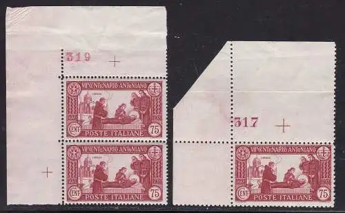 1931 Königreich Italien, St. Antonius, Nr. 296+299 MNH/** 75 Cent. gezacktes Karmin 14 und 12 mit Tischnummer