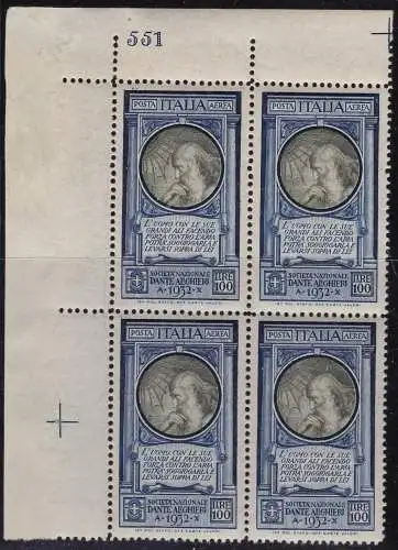 1932 Königreich Italien - Luftpost Nr. 41 - MNH ** - 100 Lire VIERTEL MIT TISCHNUMMER