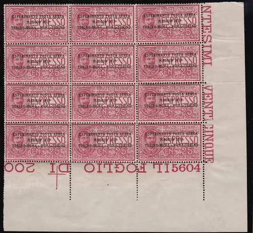 1917 Königreich Italien - PA Nr. 1 MNH / ** BLOCK VON 12 MIT ZENTRIERTER TISCHNUMMER