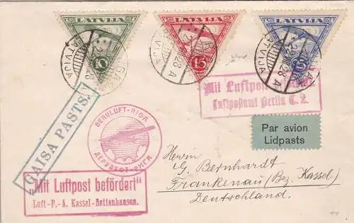 1928 LETTLAND, Luftpost Nr. 3/5 auf Umschlag von Riga nach Berlin