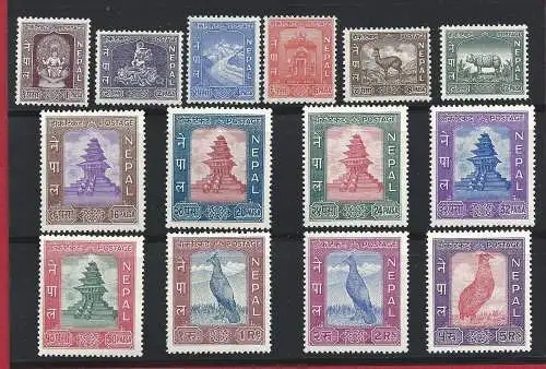 1959-60 NEPAL, Stanley Gibbons Nr. 120-133, verschiedene Tempel- und Tierzeichnungen, postfrisch**