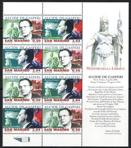 2011 San Marino, Figurierter Eckblock Alcide De Gasperi # S.32 - MNH **