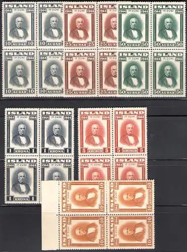 1944 ISLAND, Ausrufung der Republik, 6 Werte Nr. 202-207 Prächtige Quartine MNH **