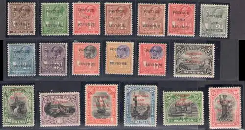 1926 MALTA - Bildnisse von König Georg V. und Ansichten, aufgedruckt Porto and Revenue 19 Werte Nr. 174-192 S.G. - MLH*