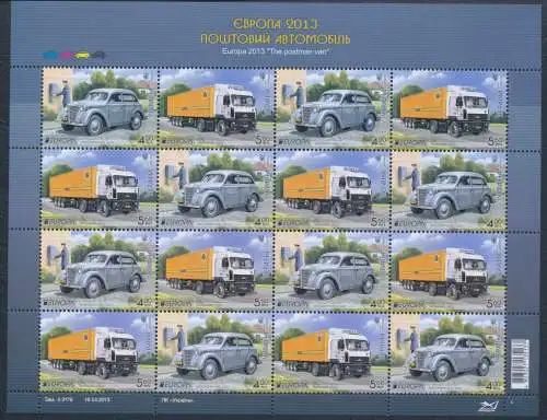 2013 EUROPA CEPT, Ukraine, 1 Kleinbogen mit 8 Paaren, Postfahrzeuge, postfrisch **