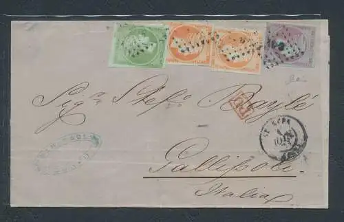 1871 Griechenland - Dreifarbiger Umschlag von Korfu nach Gallipoli, Nr. 26 x 1 + 27 x 2 + 29, sehr schön!!! - Certificata Cilio