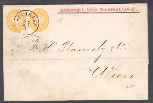 1863 LOMBARDO VENETO, Nr. 36, 2 gelbes Geld paarweise, Umschlag von Bukarest nach Wien, Goller-Zertifikat