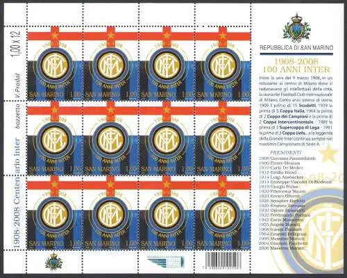 2008 San Marino, Centenario Fondazione Inter, Kleinbogen mit 12 Werten - postfrisch **