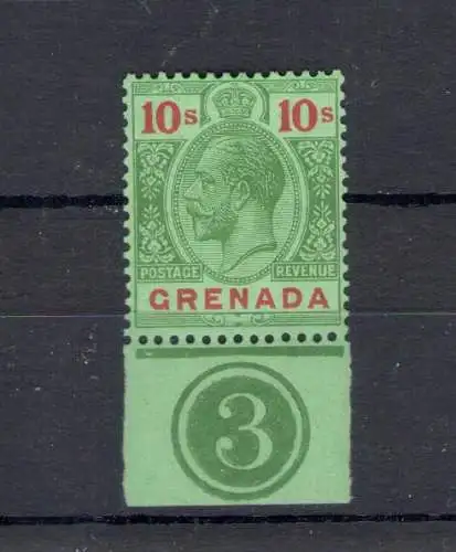 1921-31 Grenada - Stanley Gibbons Nr. 134, 10 Scellini grün und rot smaragd - Plattennummer - postfrisch **