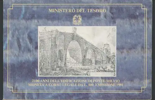 1991 Italien - 500 Lire Gedenkmünze Ponte Milvio - Offizieller Karton - FDC