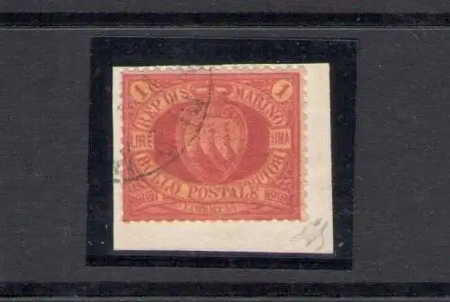 1892-94 SAN MARINO, Nr. 20 - 1 karminrote Lira auf gelbem - auf schönem Fragment - Signiert Emilio Diena!!!!