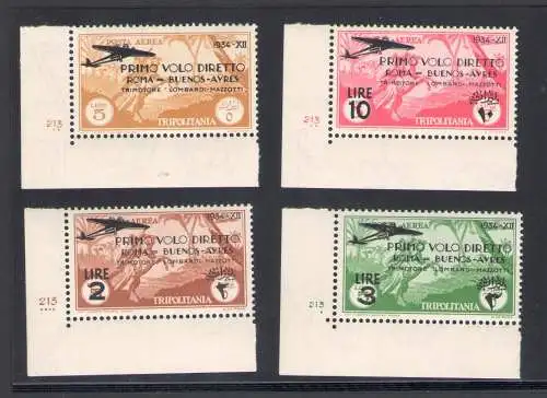 1934 Königreich Italien, Luftpost, Flug Rom - Buenos Aires, 4 Werte, Bogenwinkel und Tabellennummer 213, A56/A59 - postfrisch **