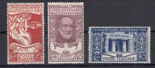 1922 Italien Königreich - Nr. 128/30, 50. Todestag Giuseppe Mazzini, 3 Werte - postfrisch **